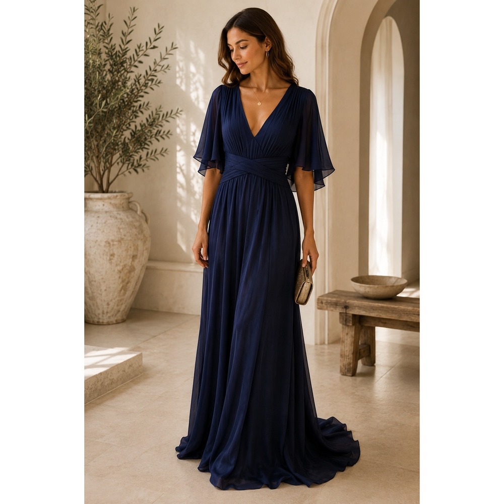 ASOS Bridesmaid Maxi Dress Women's 8 Navy Chiffon Flutter Sleeve Formal Gown